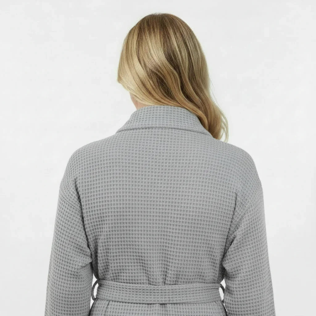 Women’s waffle robe in gray, back view with belt and full sleeves.
