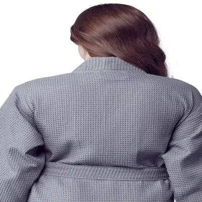 Waffle knee-length robe back view in dark grey, waist tie belt