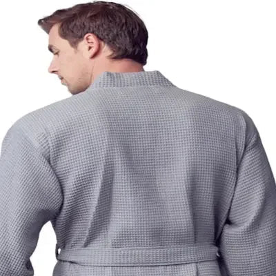 Men's waffle bathrobe back, light grey waffle texture with tie belt