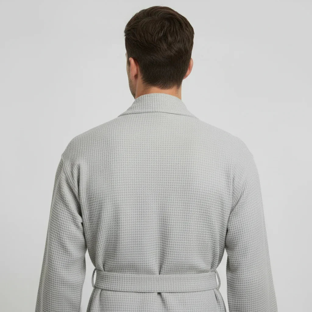 Men's waffle spa bathrobe, light grey, belted wrap with shawl collar (back view)