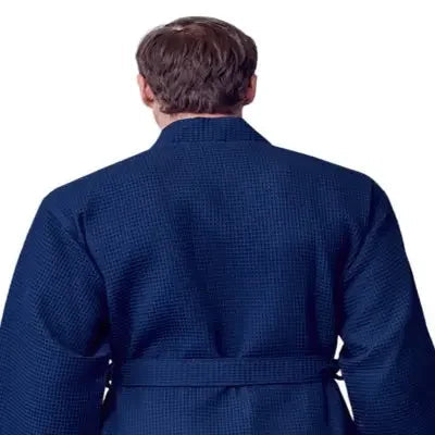 Men's waffle bathrobe back, navy blue waffle texture with tie belt