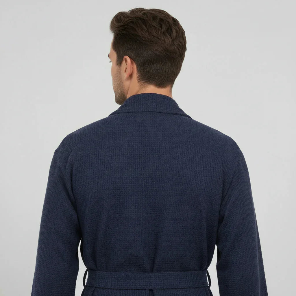 Men's waffle spa bathrobe, navy, belted wrap with shawl collar (back view)