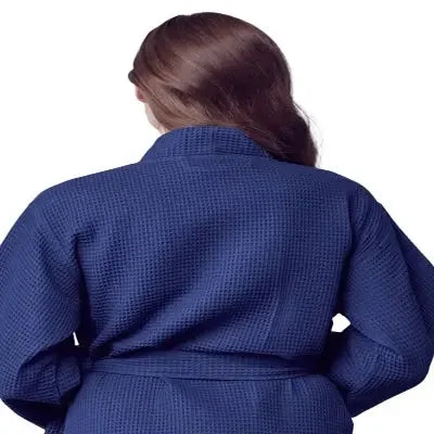 Navy blue waffle robe back view with waist tie belt