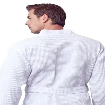 Men's waffle spa bathrobe, white, belted back wrap with shawl collar