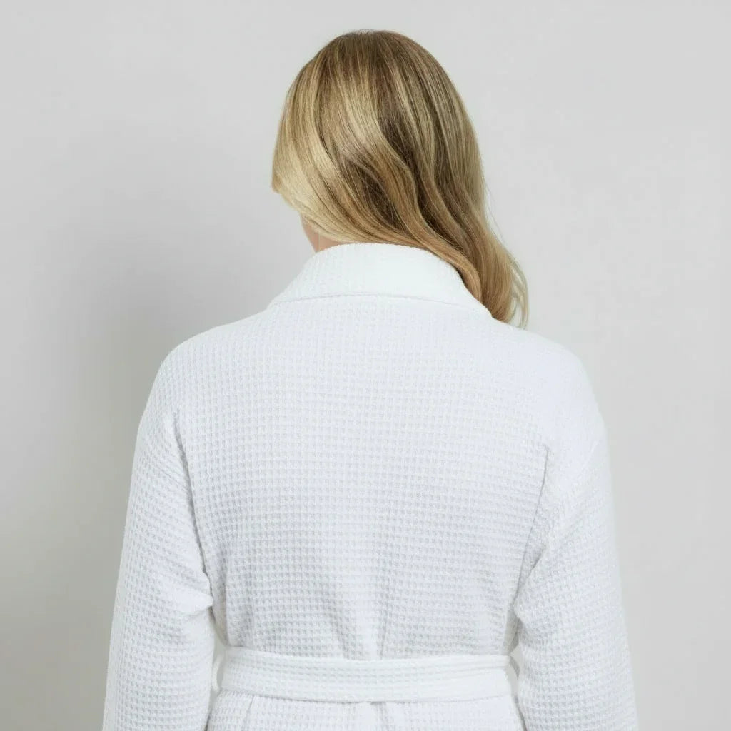 Women’s white waffle robe back view with waist belt and shawl collar