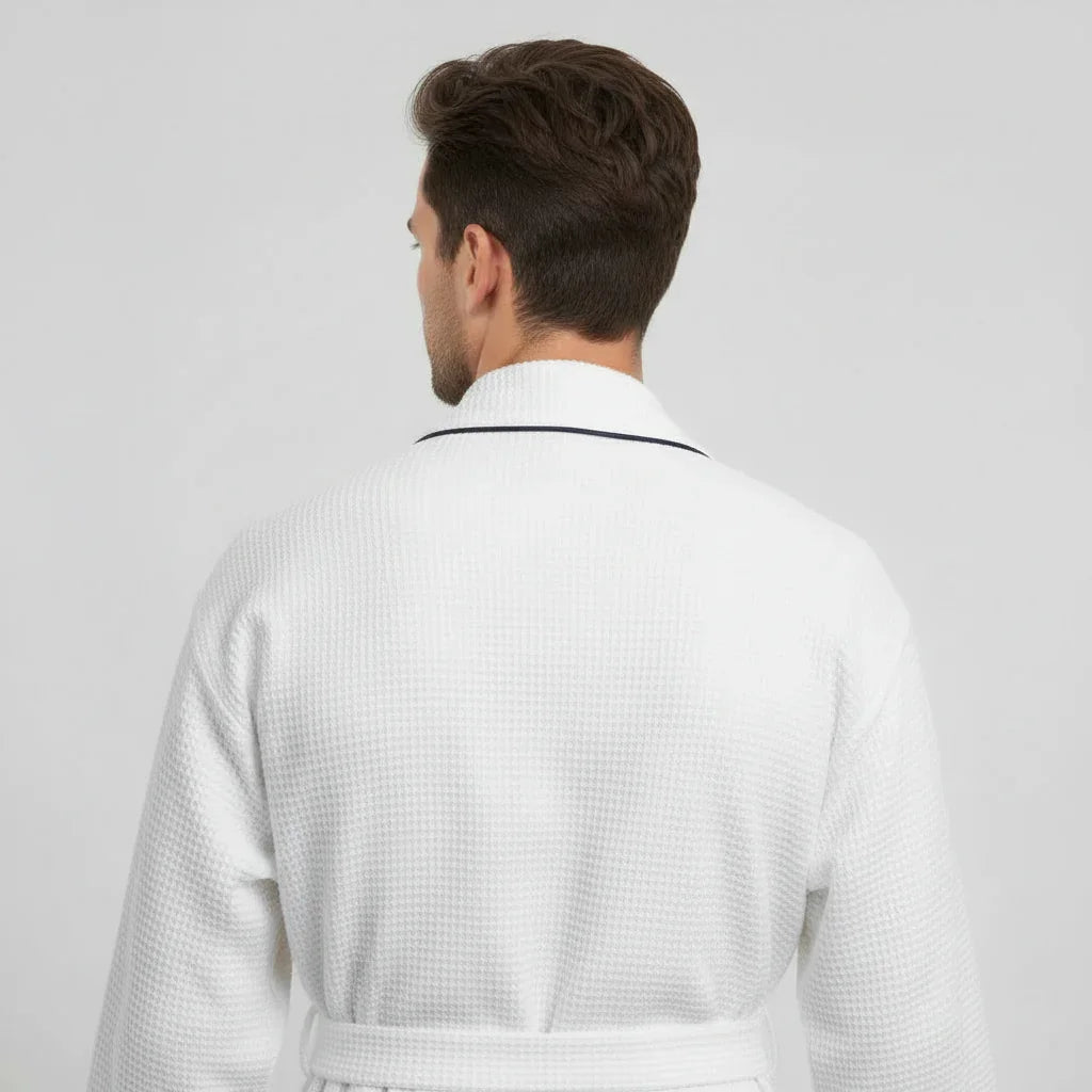 Men's waffle spa bathrobe, white, belted wrap with shawl collar (back view)
