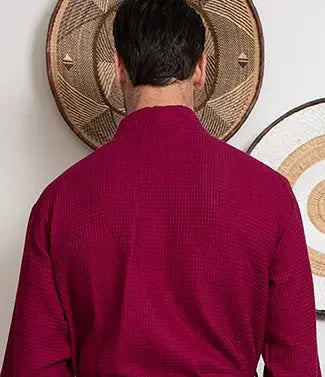 Men's wine red waffle bathrobe back, shawl collar and belt tie