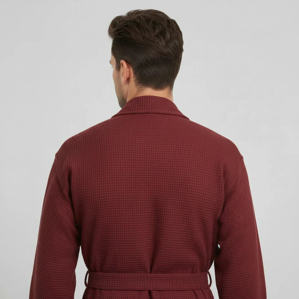 Men's waffle spa bathrobe, wine red, belted wrap with shawl collar (back view)