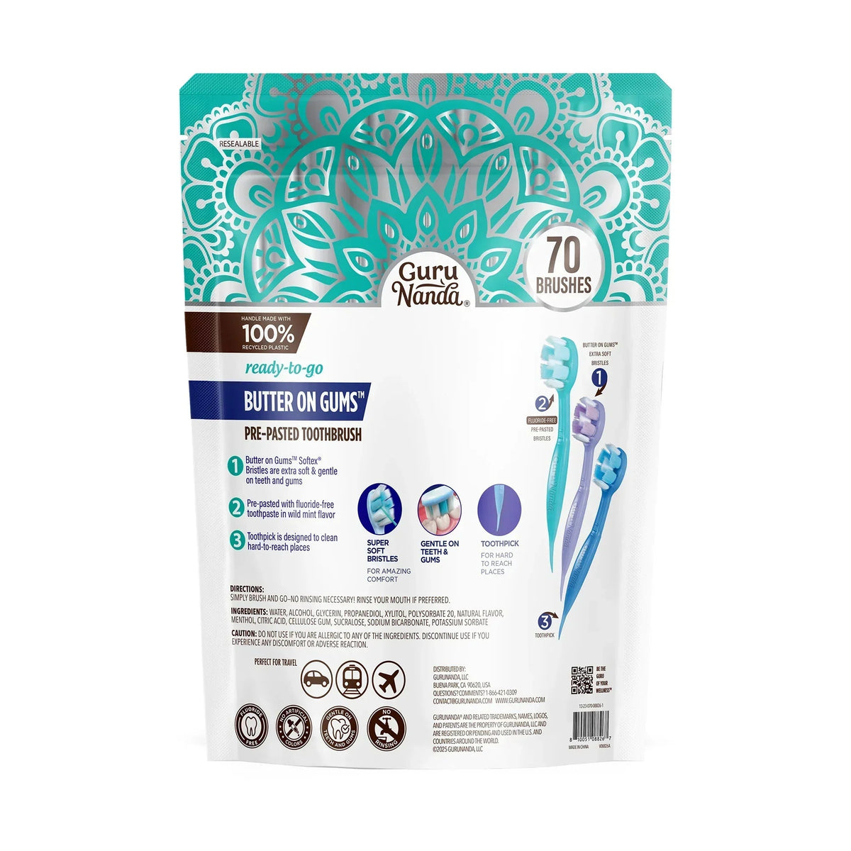 Back panel of Guru Nanda ready-to-go butter on gums pre-pasted toothbrush pack, 5-count