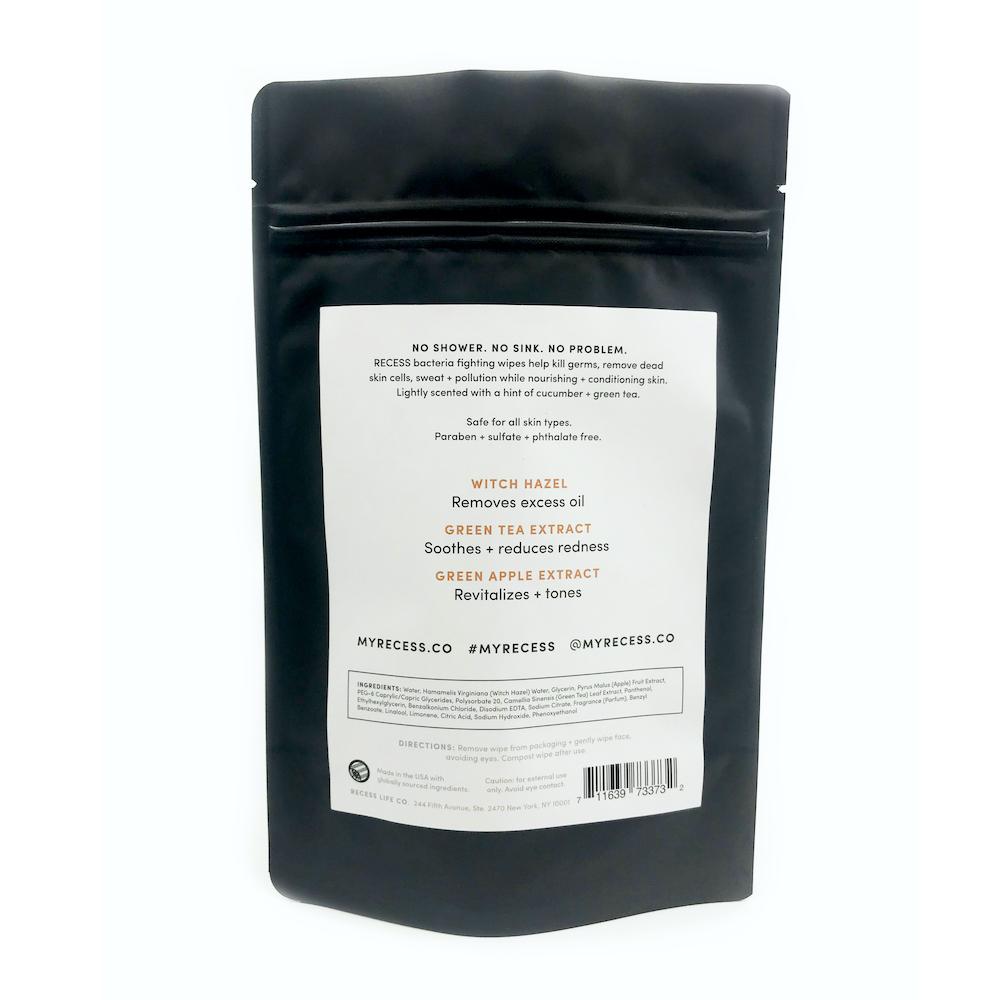 Biodegradable face wipe pouch back panel with ingredient and directions text