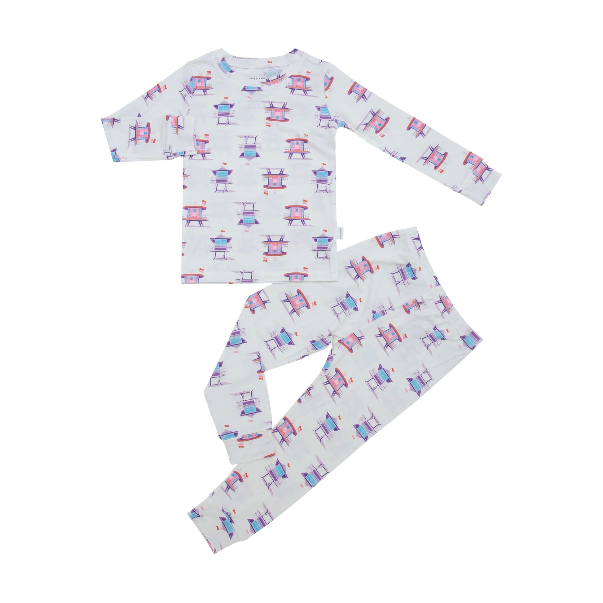 Kids two-piece lounge set, long-sleeve top and matching pants with beach chair print
