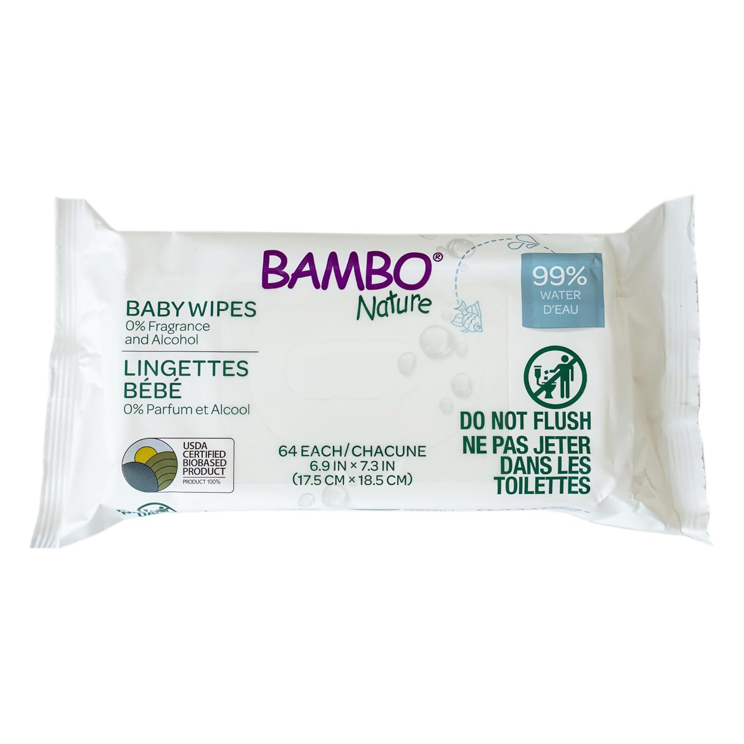 Bambo Nature baby wipes, 64-count, 99% water; fragrance- & alcohol-free