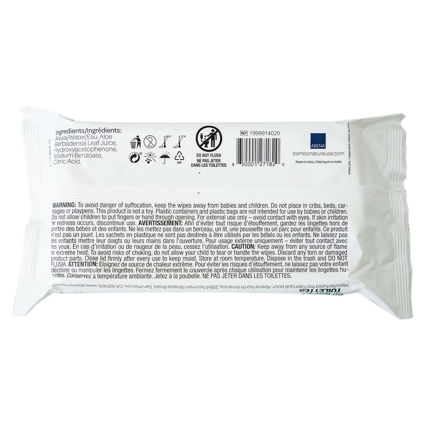 Baby wipes back label: 99% water, 64 wipes; no fragrance or alcohol