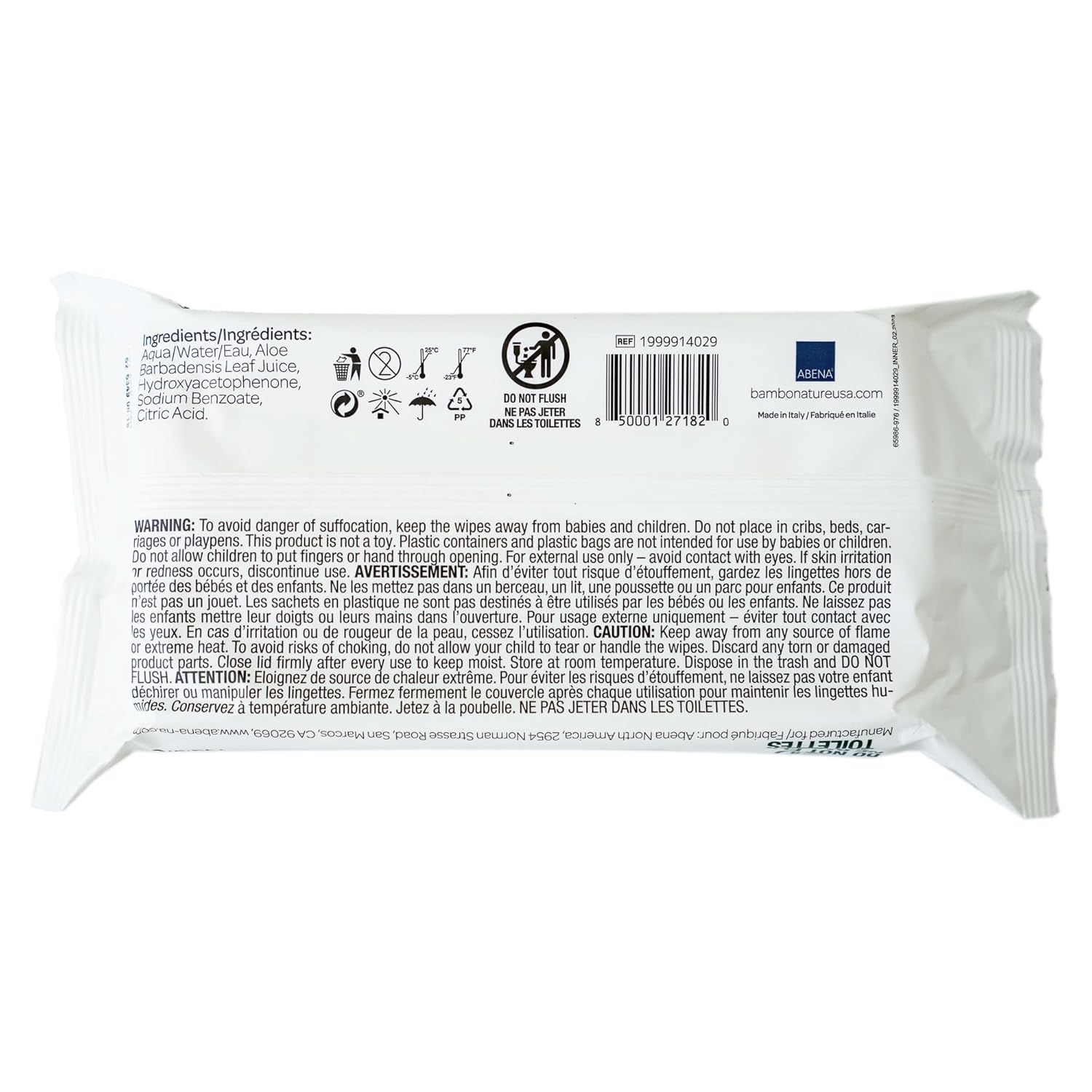 Baby wipes back label: 99% water, 64 wipes; no fragrance or alcohol