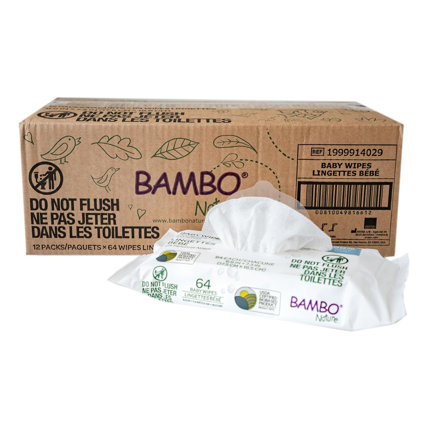 Bambo Nature baby wipes case carton, 12 packs; 64 wipes each, 99% water