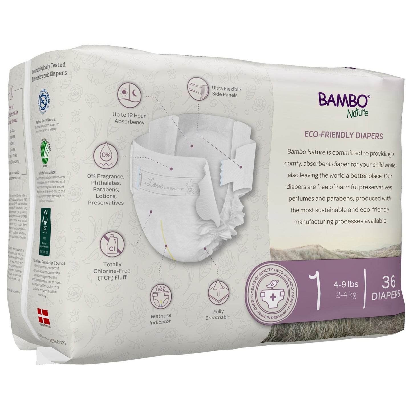 Size 1 eco-friendly baby diapers pack, 4–9 lb, 36 diapers