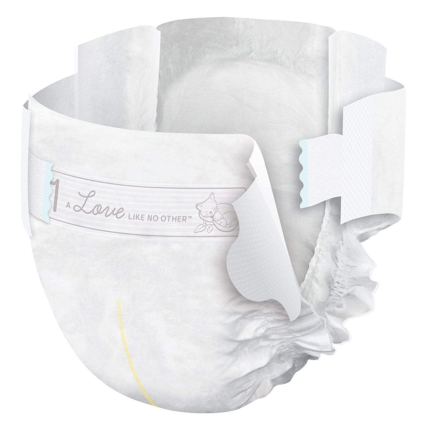 Size 1 baby diaper, white, with front tabs and yellow indicator line