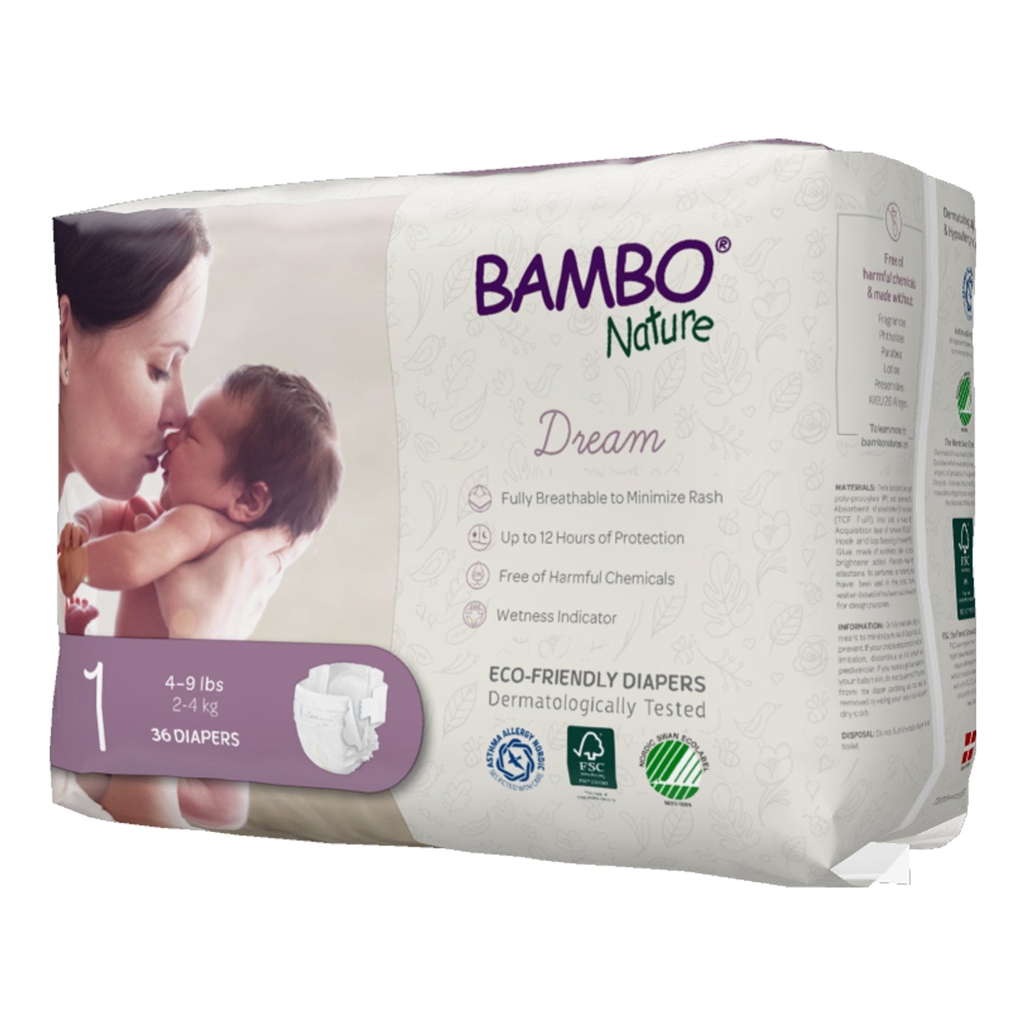 Bambo Nature Dream diapers, Size 1, 4–9 lb, 36-count pack