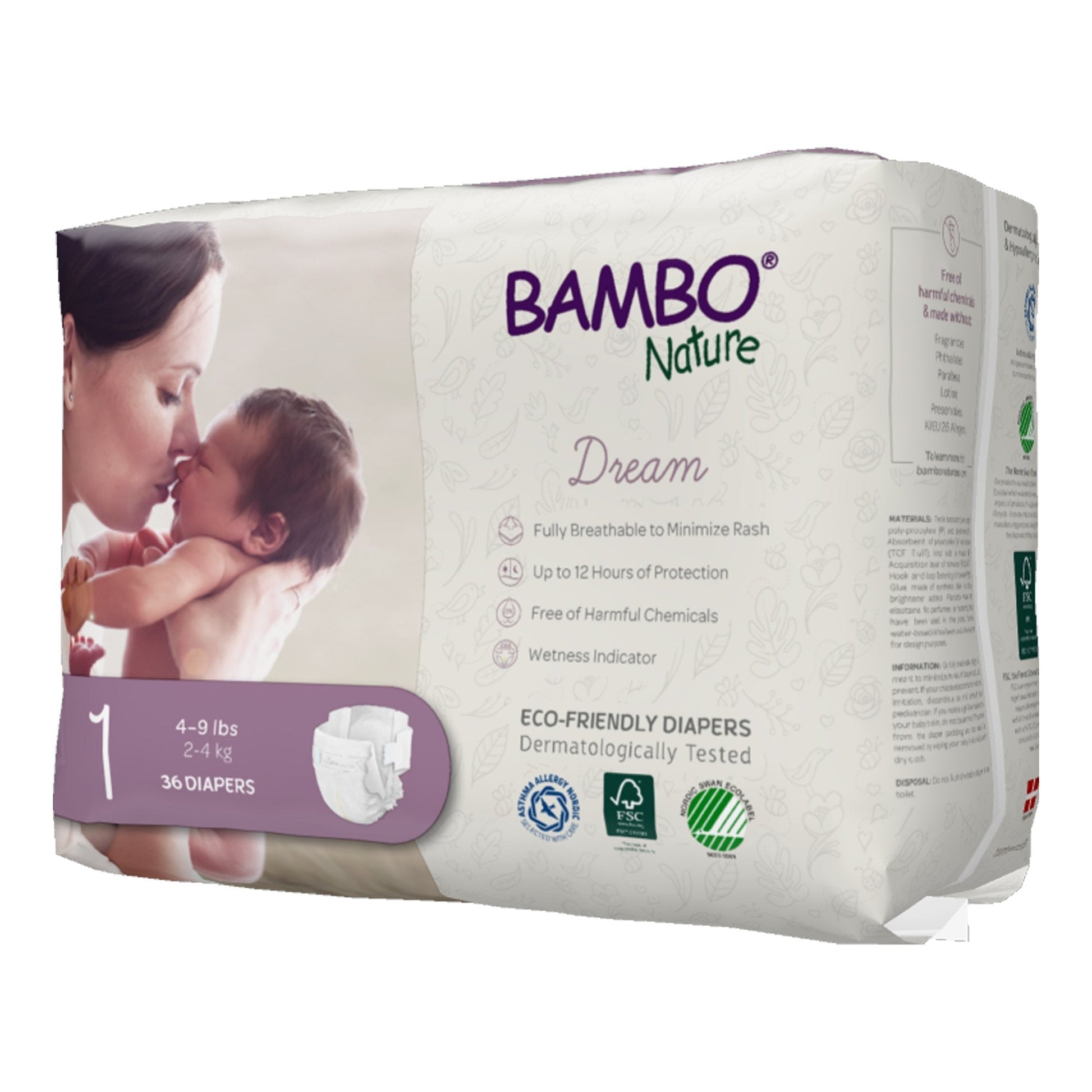 Bambo Nature Dream diapers, Size 1, 4–9 lb, 36-count pack