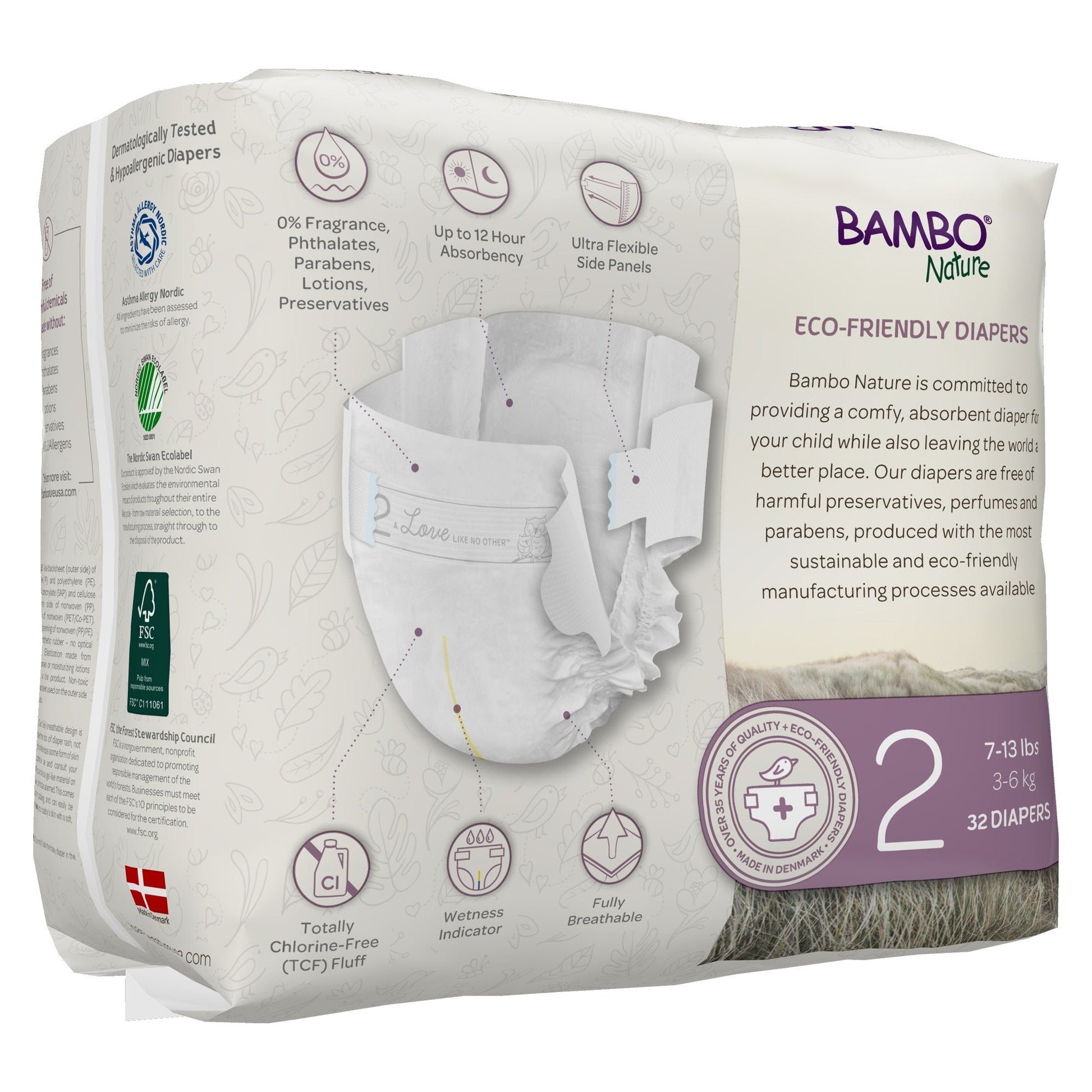 Eco-friendly baby diapers: 0% fragrance/phthalates, up to 12-hour side panel protection.