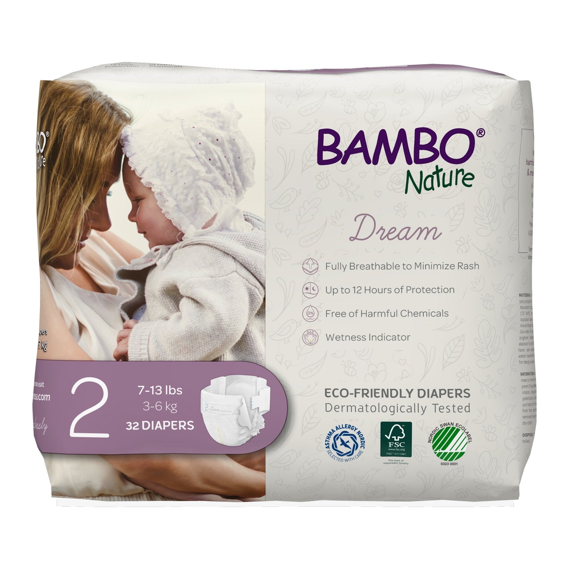 Baby diapers Size 2, 7-13 lbs (3-6 kg), 32 diapers, eco-friendly.