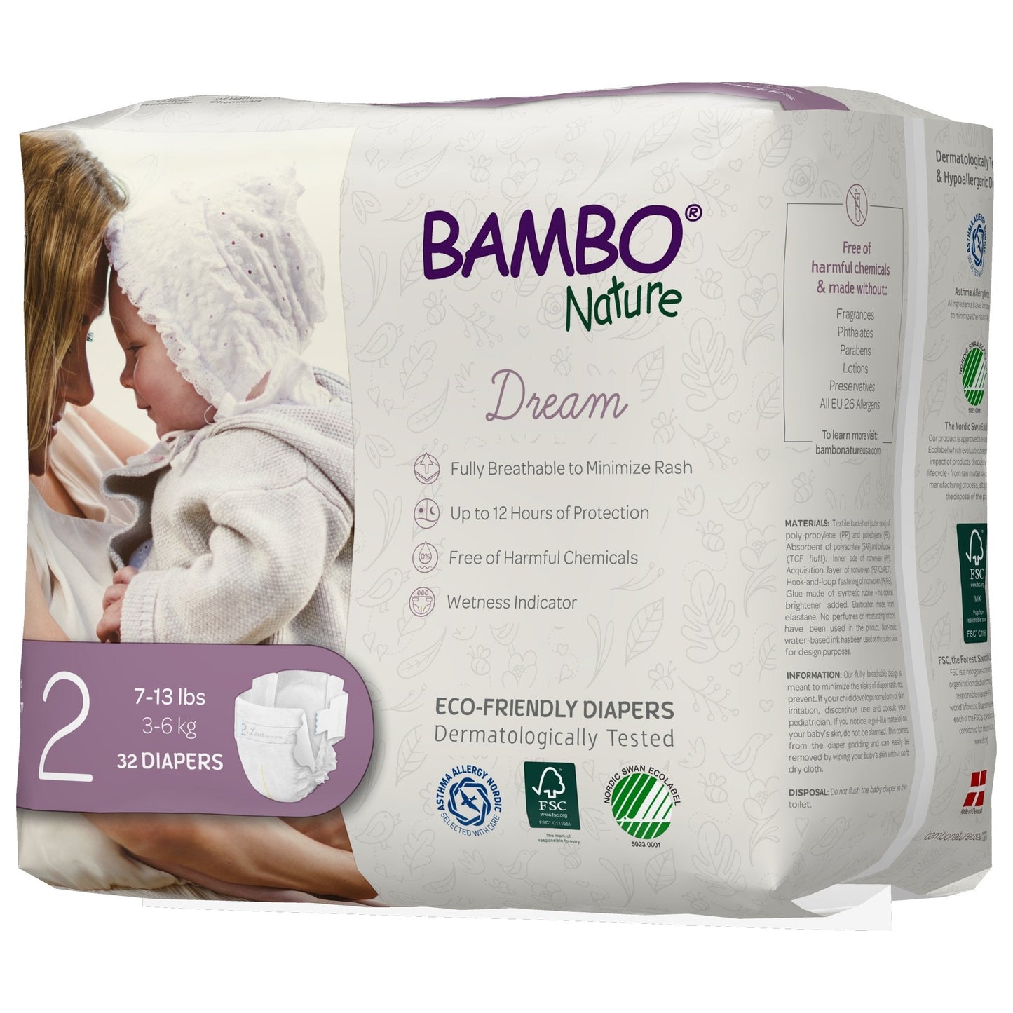 Size 2 baby diapers, dermatologically tested; fully breathable to minimize rash, 12-hour protection.