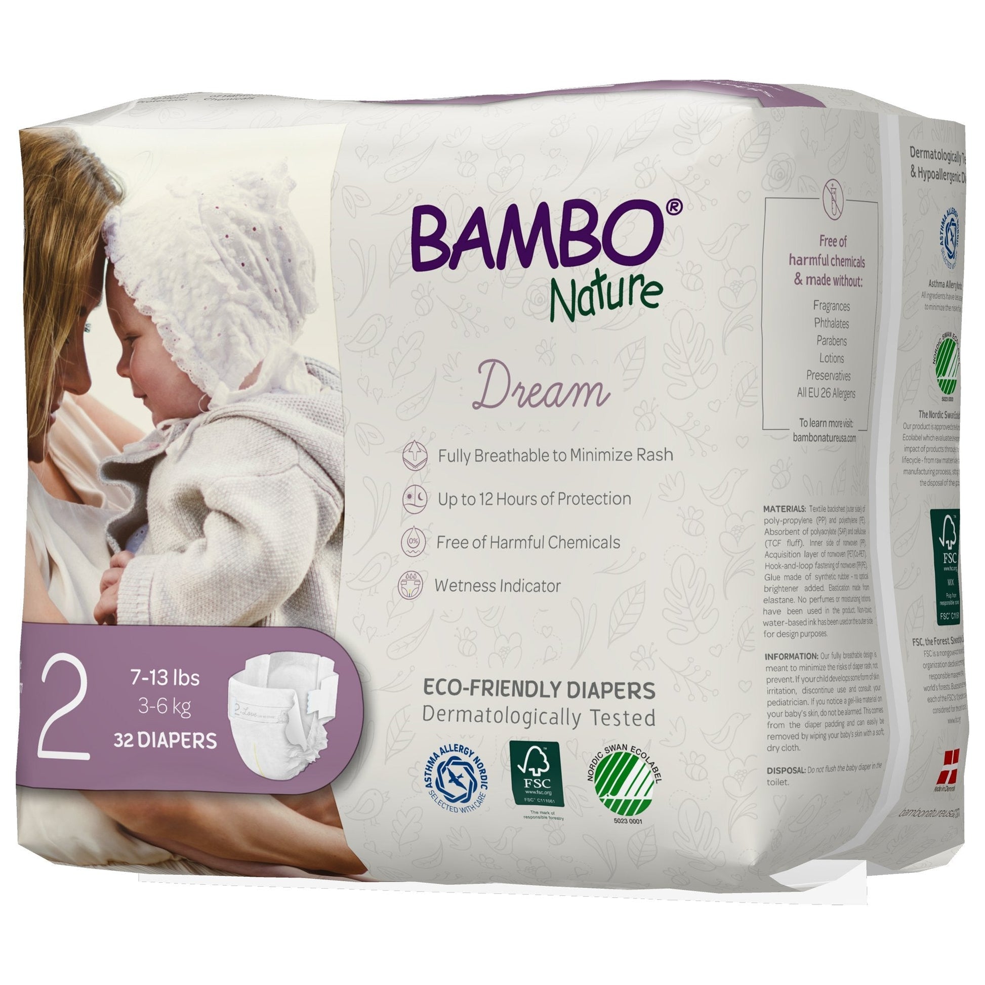 Size 2 baby diapers, dermatologically tested; fully breathable to minimize rash, 12-hour protection.