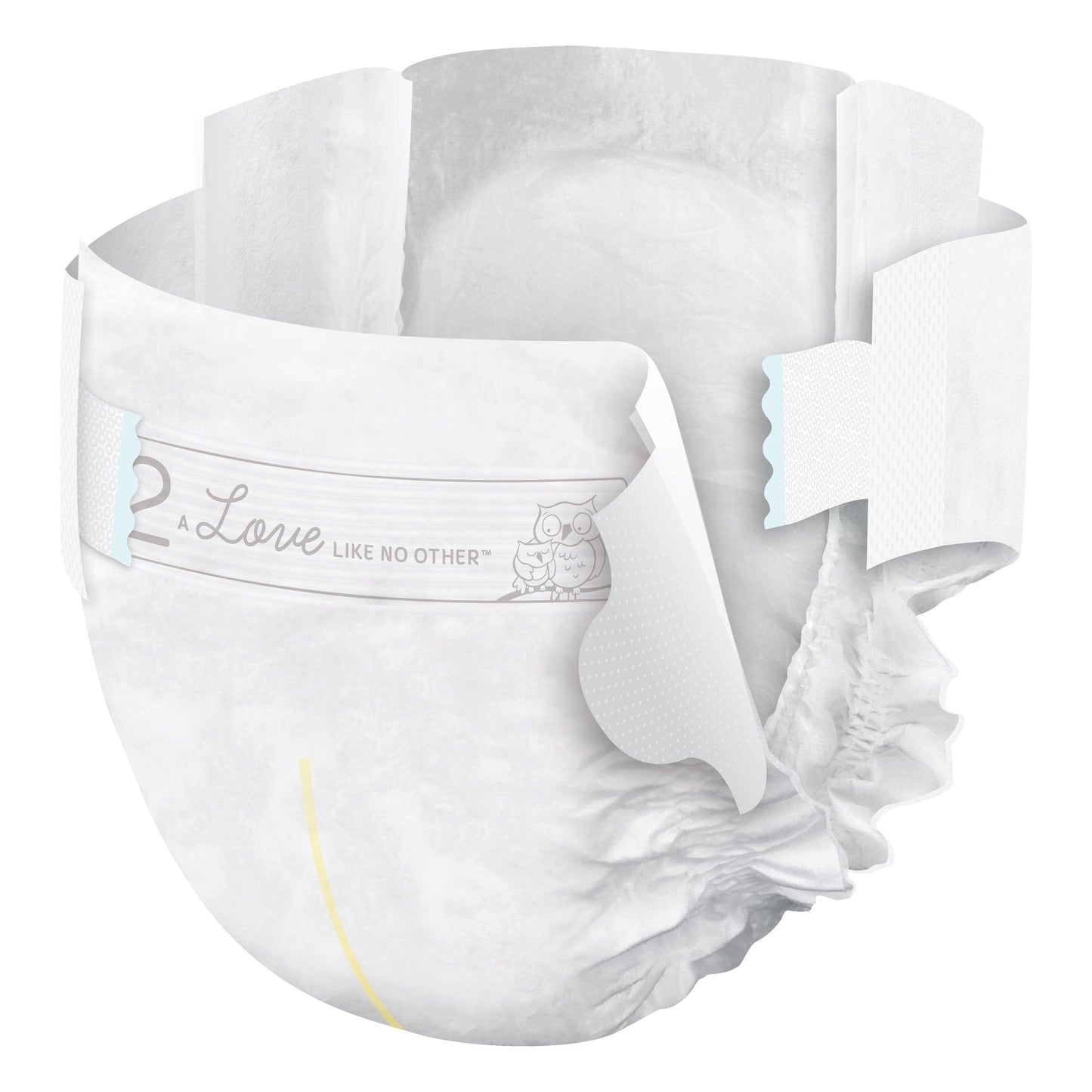 Size 2 disposable baby diapers, soft white absorbent pad with snap/fastening tabs.