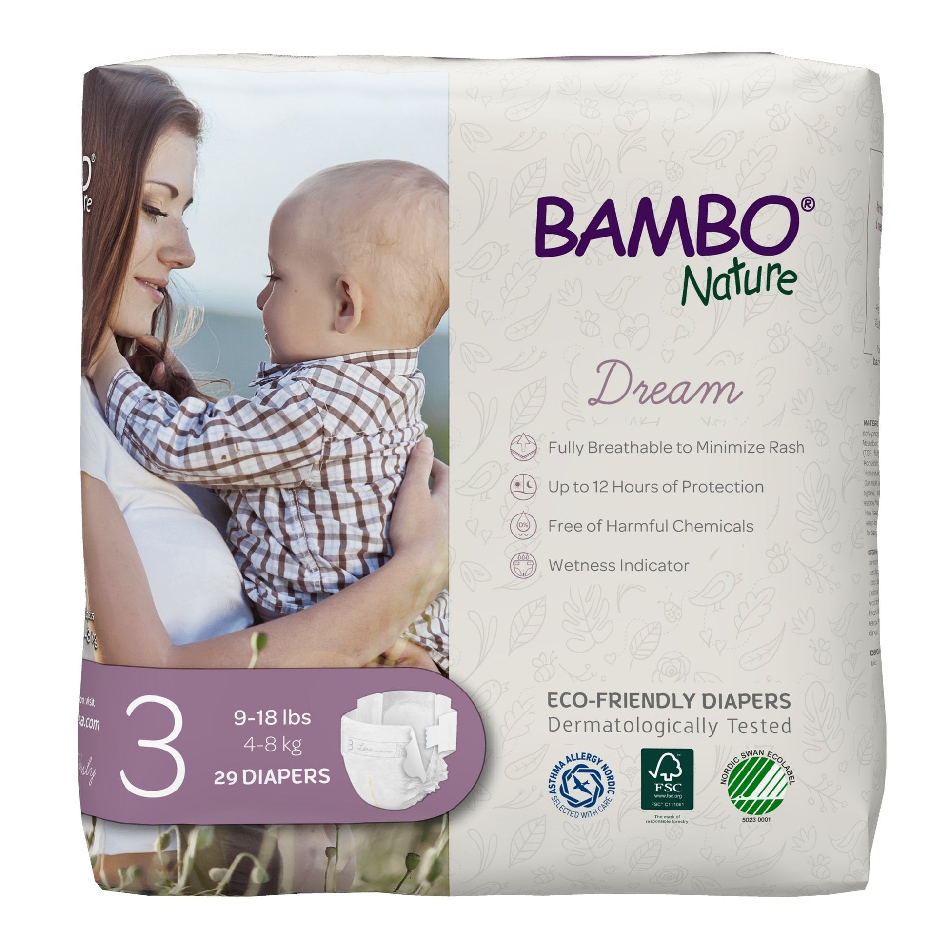 Size 3 baby diapers box, 29 count for 9–18 lbs (4–8 kg)