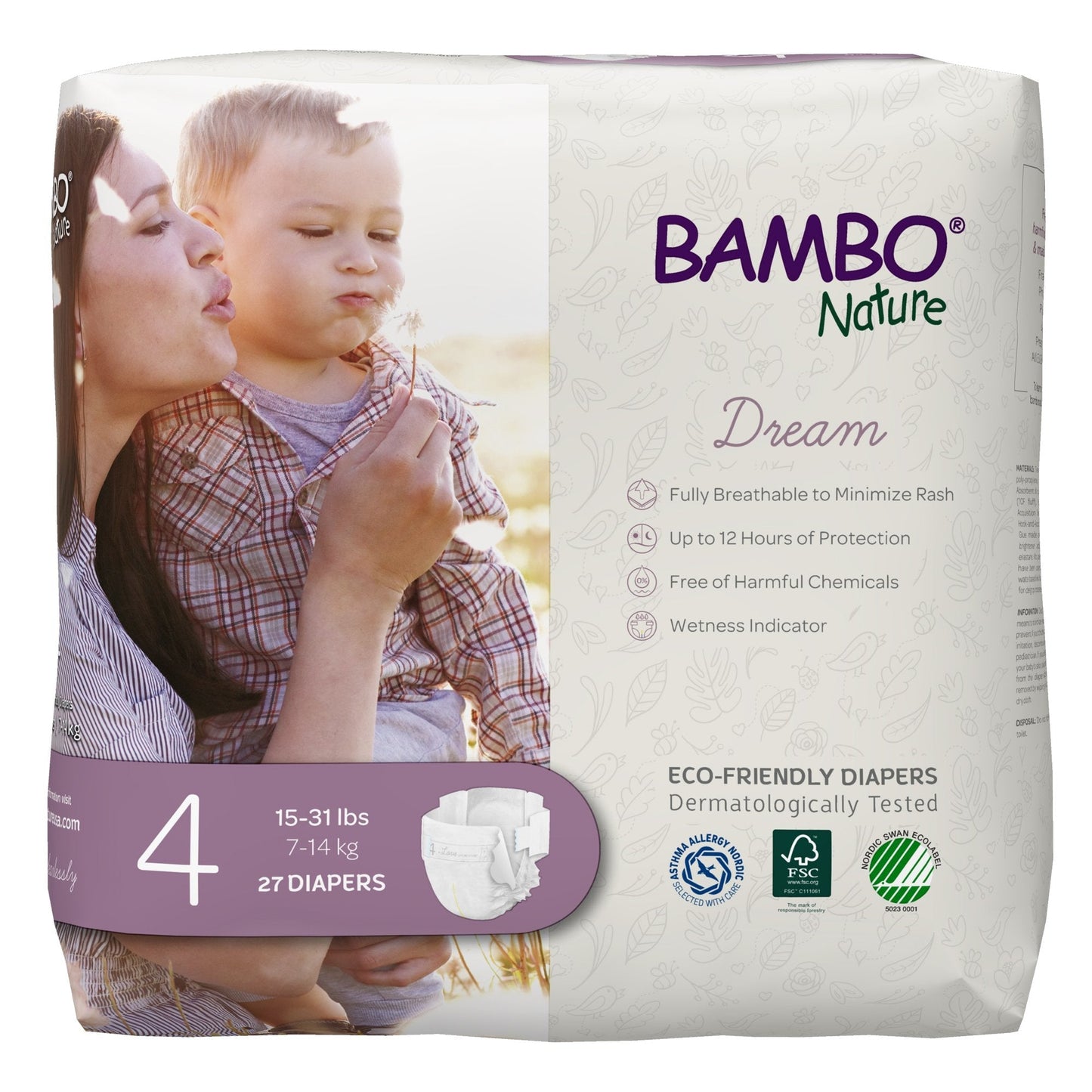 Size 4 baby diapers, 27-count pack, 15–31 lbs; eco-friendly Dream design