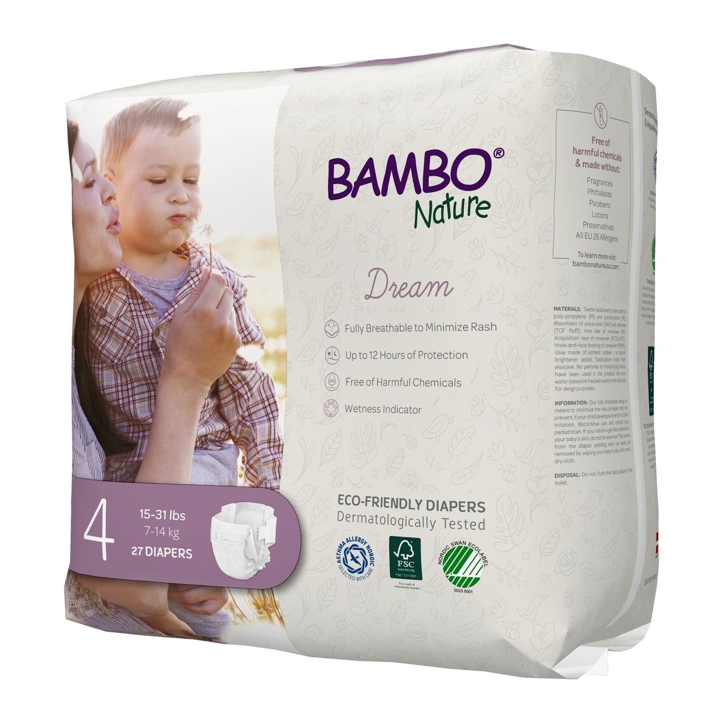 Size 4 eco-friendly Dream diapers package; dermatologically tested; 15–31 lbs
