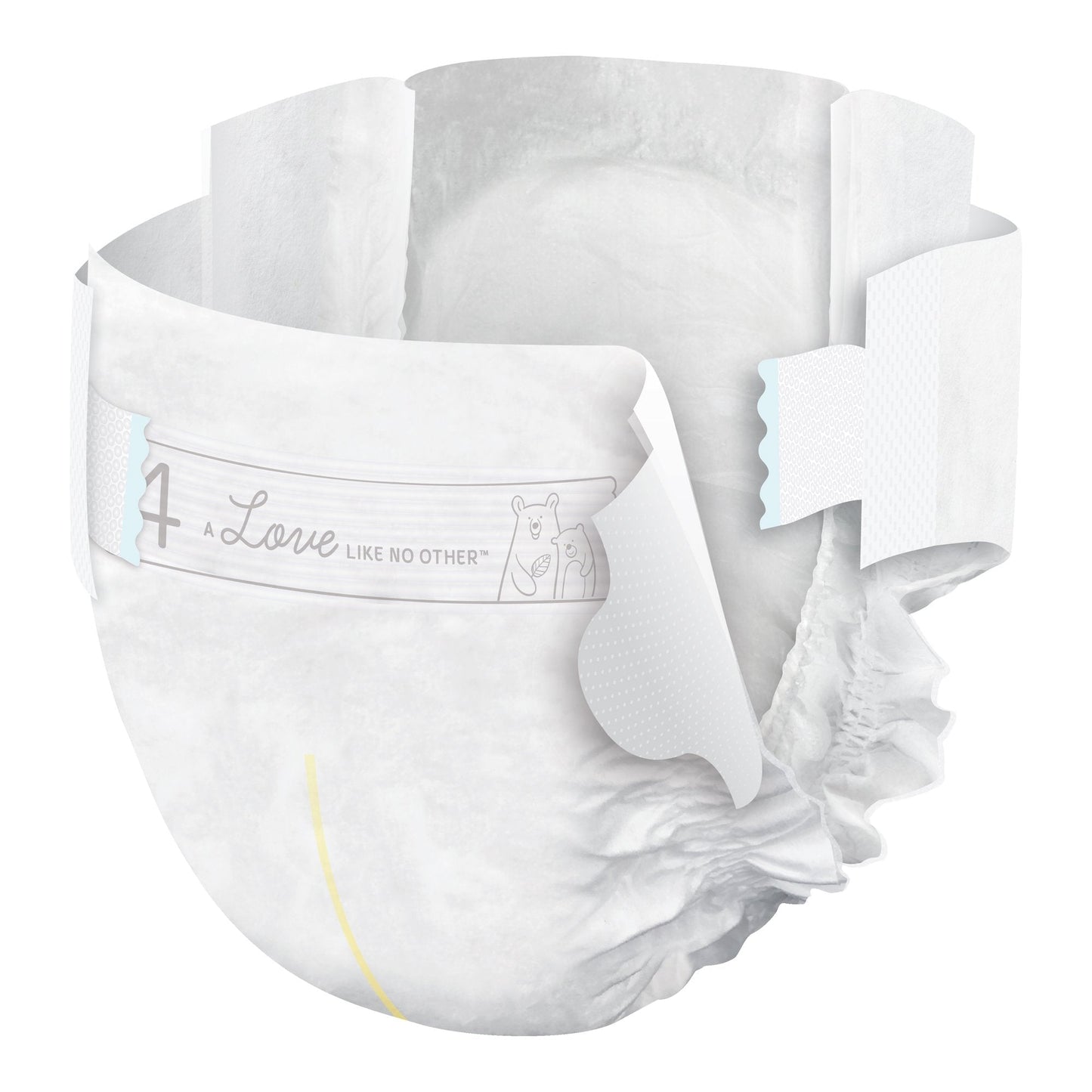 Size 4 baby diaper laid flat, with fastening tabs and inner absorbent core