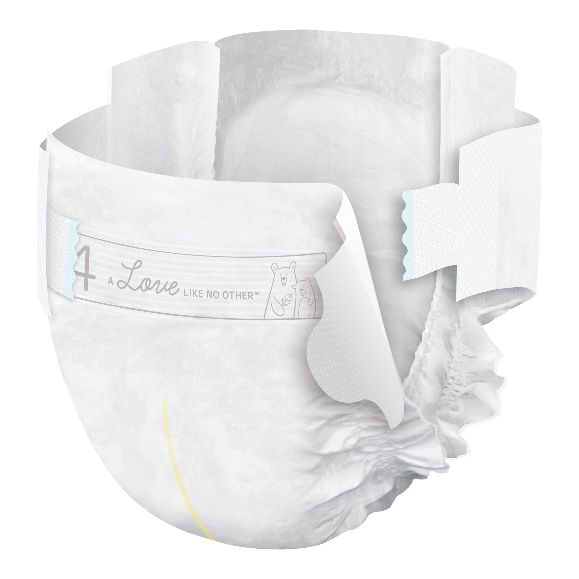 Size 4 baby diaper laid flat, with fastening tabs and inner absorbent core