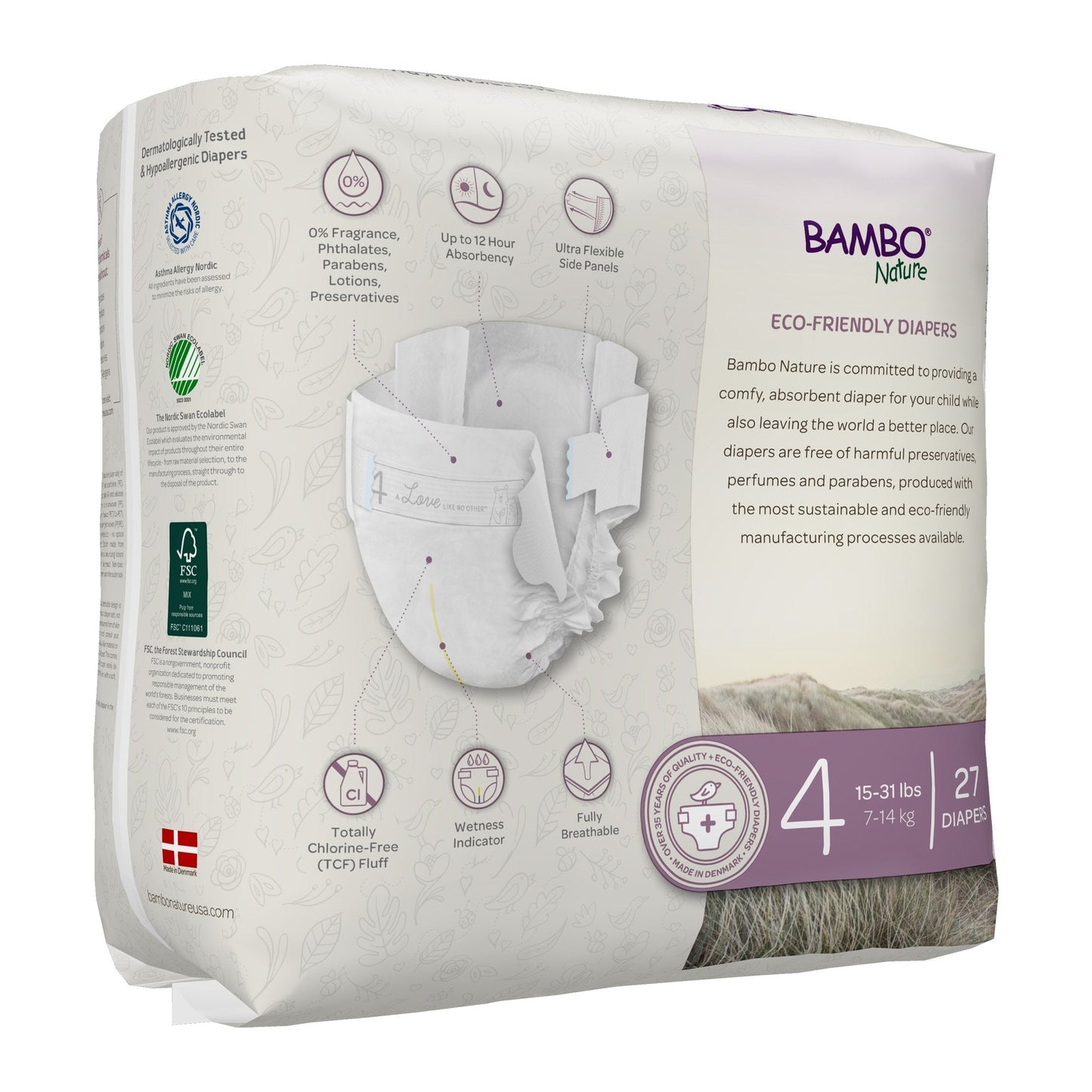 Size 4 baby diapers package with feature icons; 15–31 lbs and 27 diapers