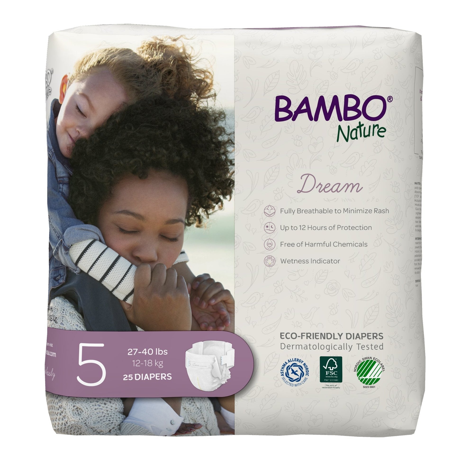 Size 5 baby diapers, 27–40 lb; 25-count pack in white eco-friendly design