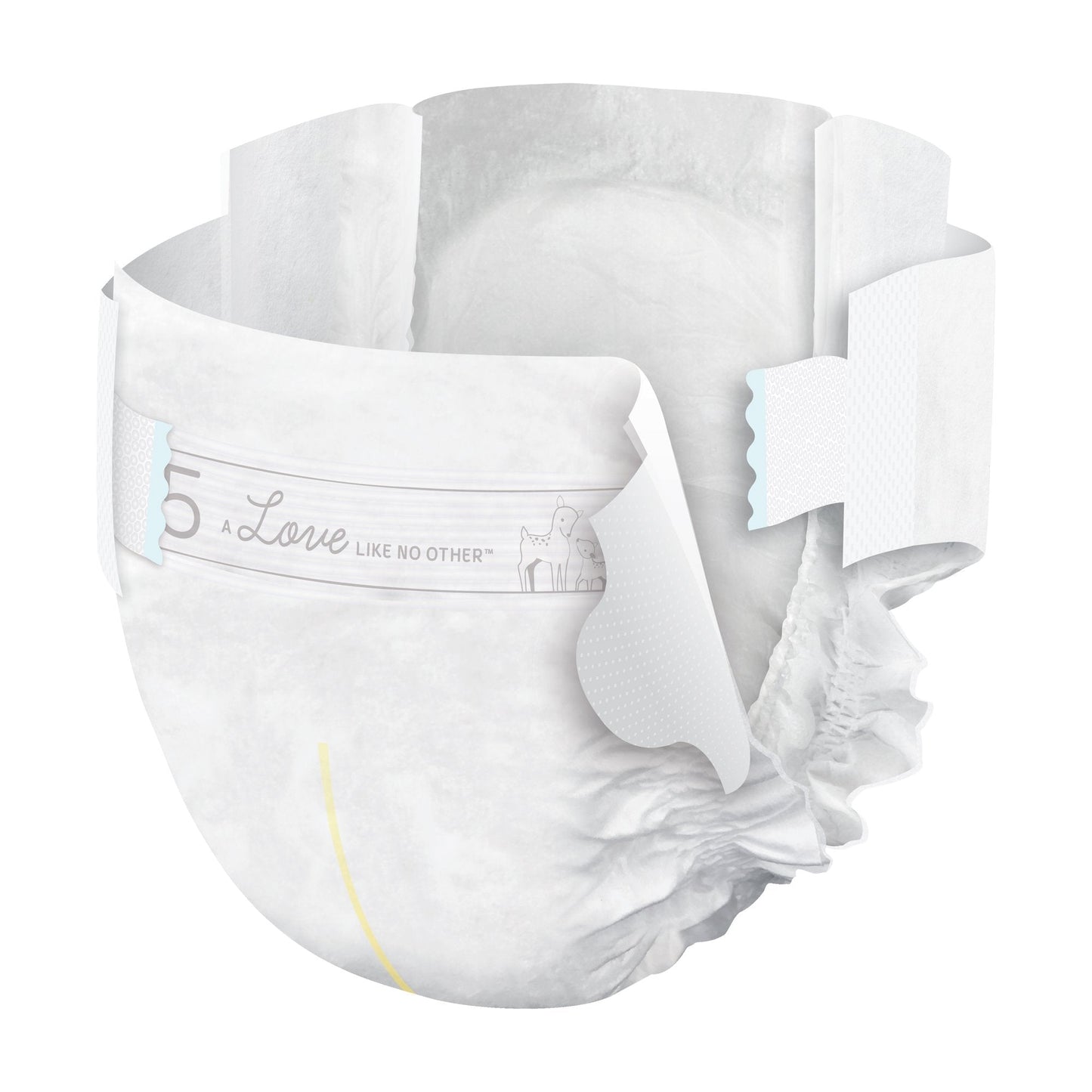 White disposable baby diaper with curved leg cutouts and absorbent core