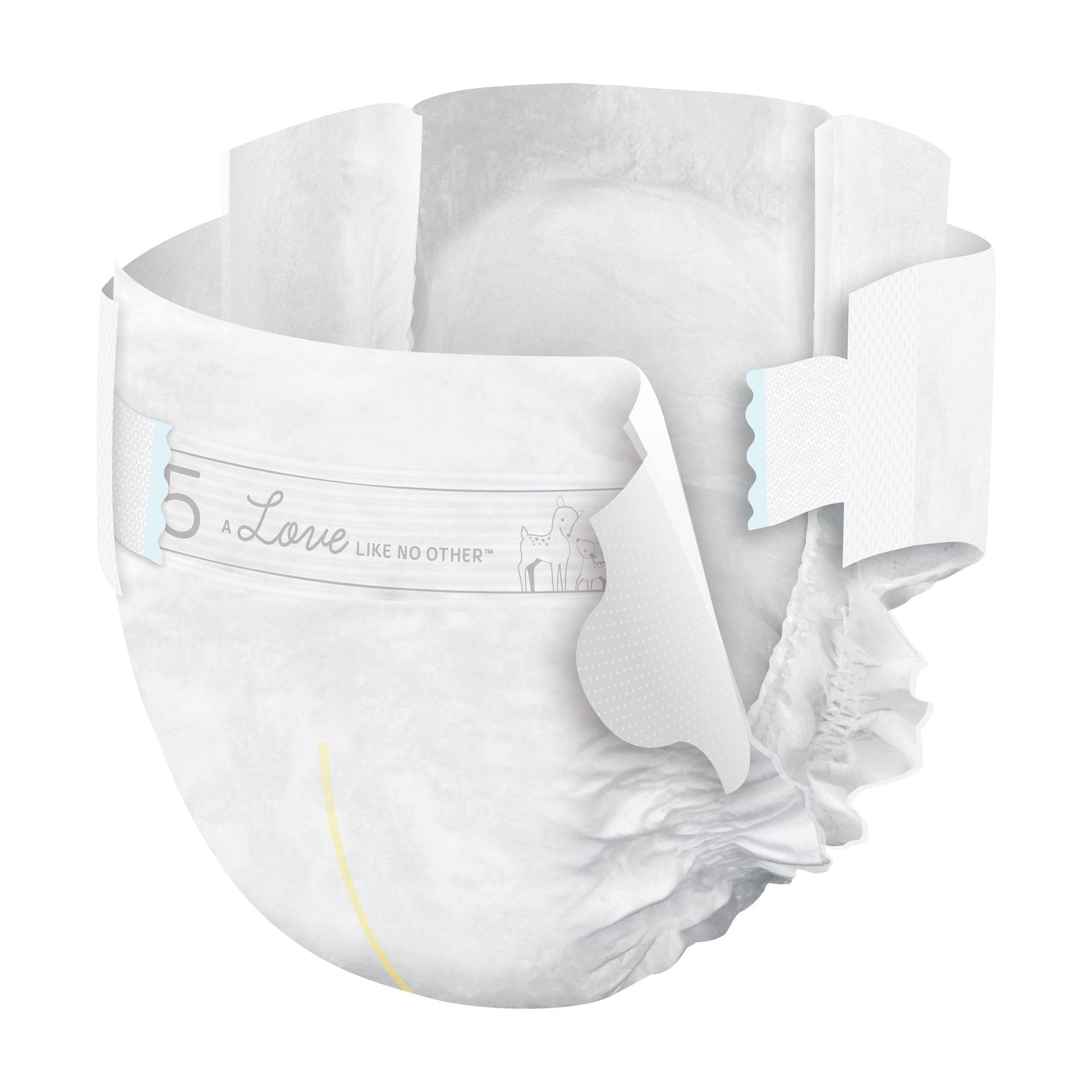 White disposable baby diaper with curved leg cutouts and absorbent core