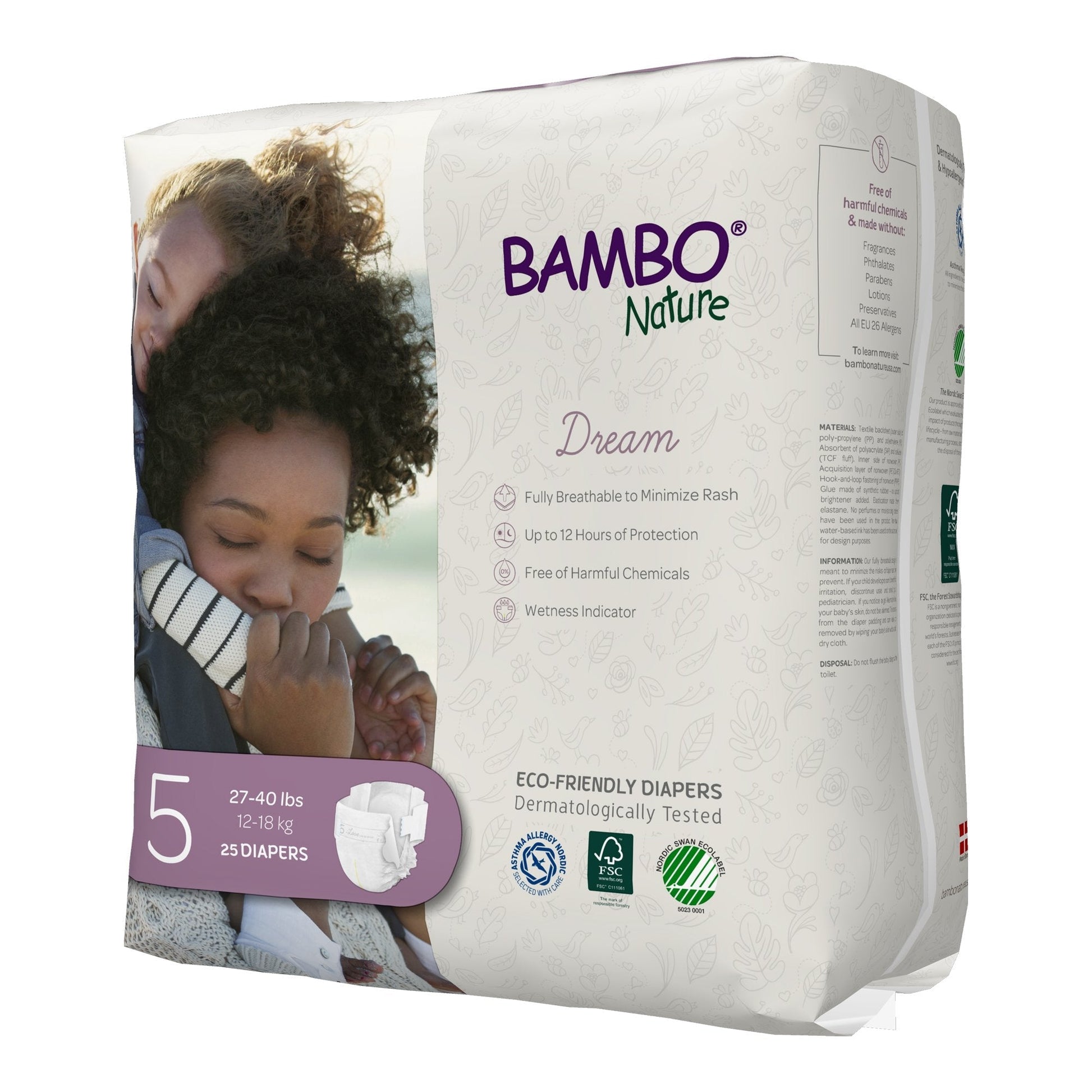Size 5 eco-friendly baby diaper pack (27–40 lb, 25 count) with absorbent design