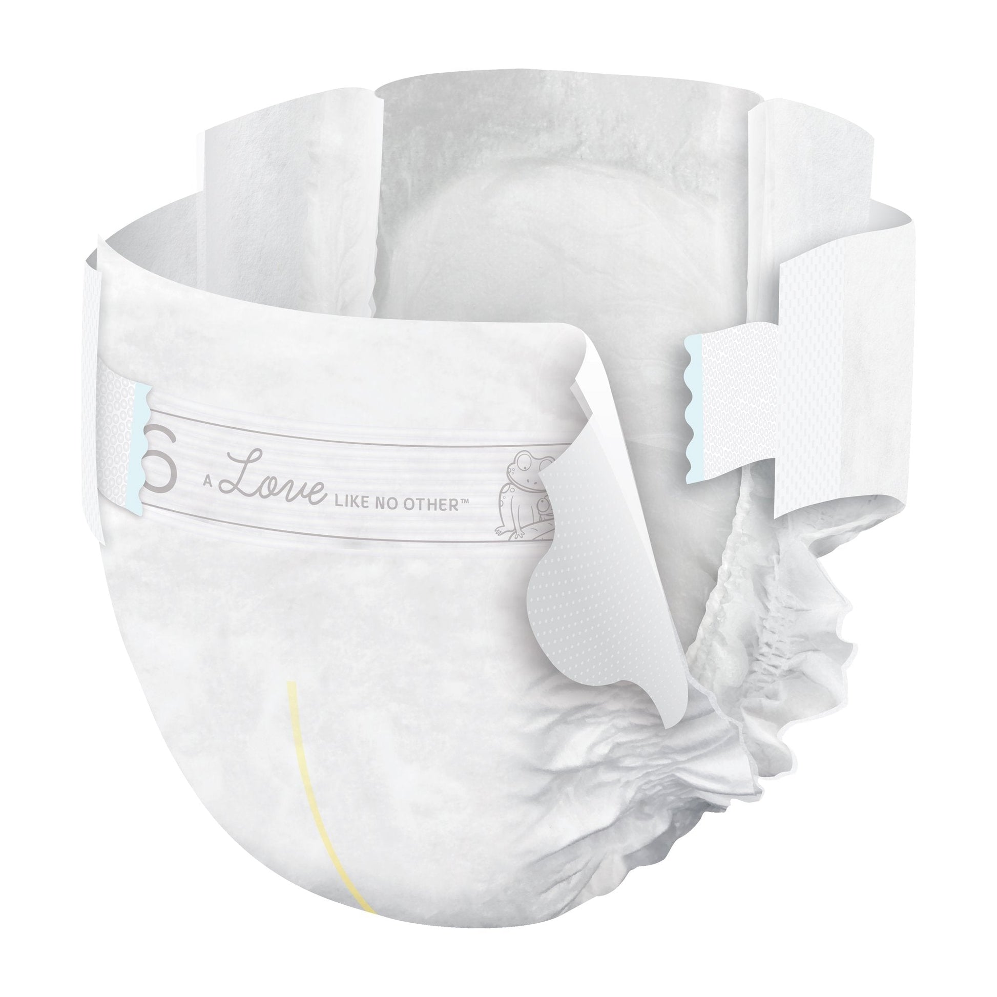 Size 6 baby diapers shown unwrapped inside pack, white diaper pieces