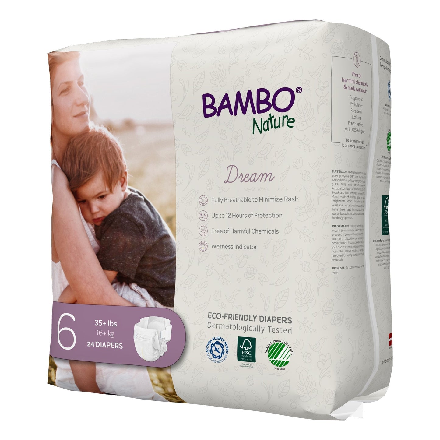 Size 6 baby diapers package side view; 24 diapers and 35+ lbs weight band