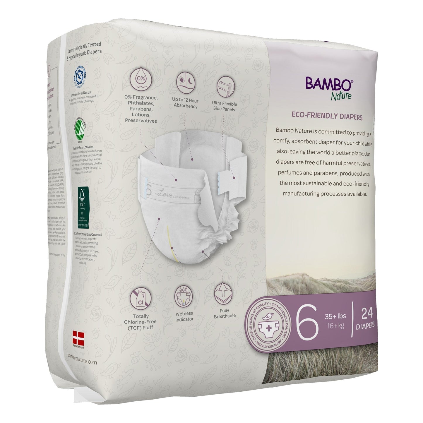 Size 6 baby diapers back label with eco badges and 24 ct, for 35+ lbs