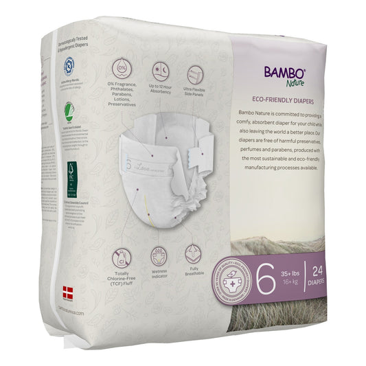 Size 6 baby diapers back label with eco badges and 24 ct, for 35+ lbs