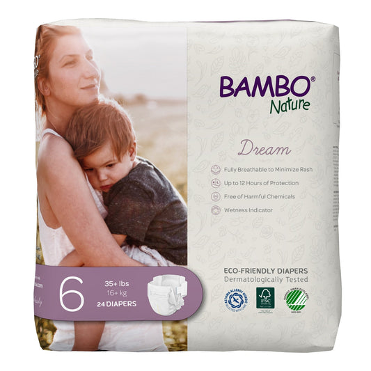 Size 6 baby diapers, 24 ct; for 35+ lb babies, front package view with logo