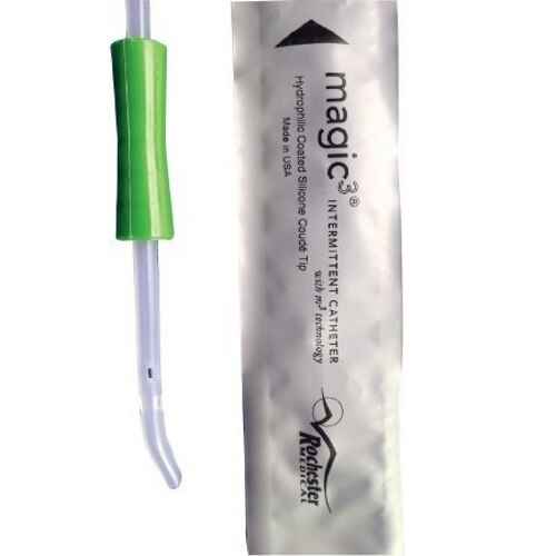 Male coude-tip hydrophilic coated silicone catheter with green connector, in clear sterile pack