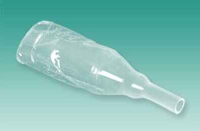 Clear male external catheter tube with open end and adhesive seal