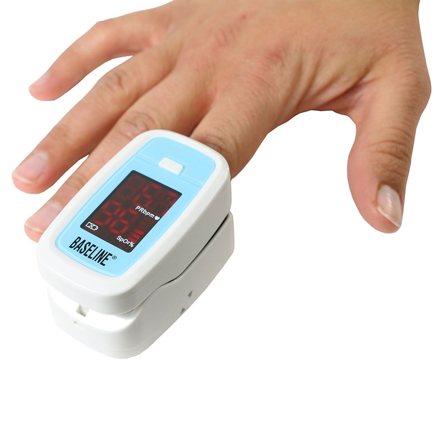 Fingertip pulse oximeter held in hand, blue screen with PRbpm and SpO2% readouts