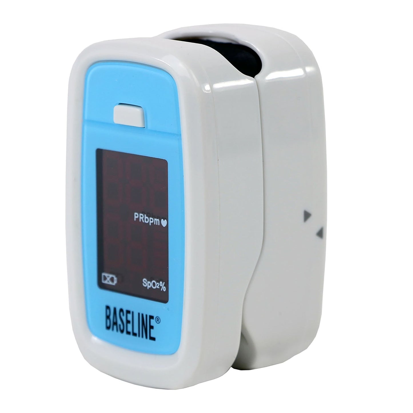 Fingertip pulse oximeter side view with blue display and red PRbpm/SpO2% indicators