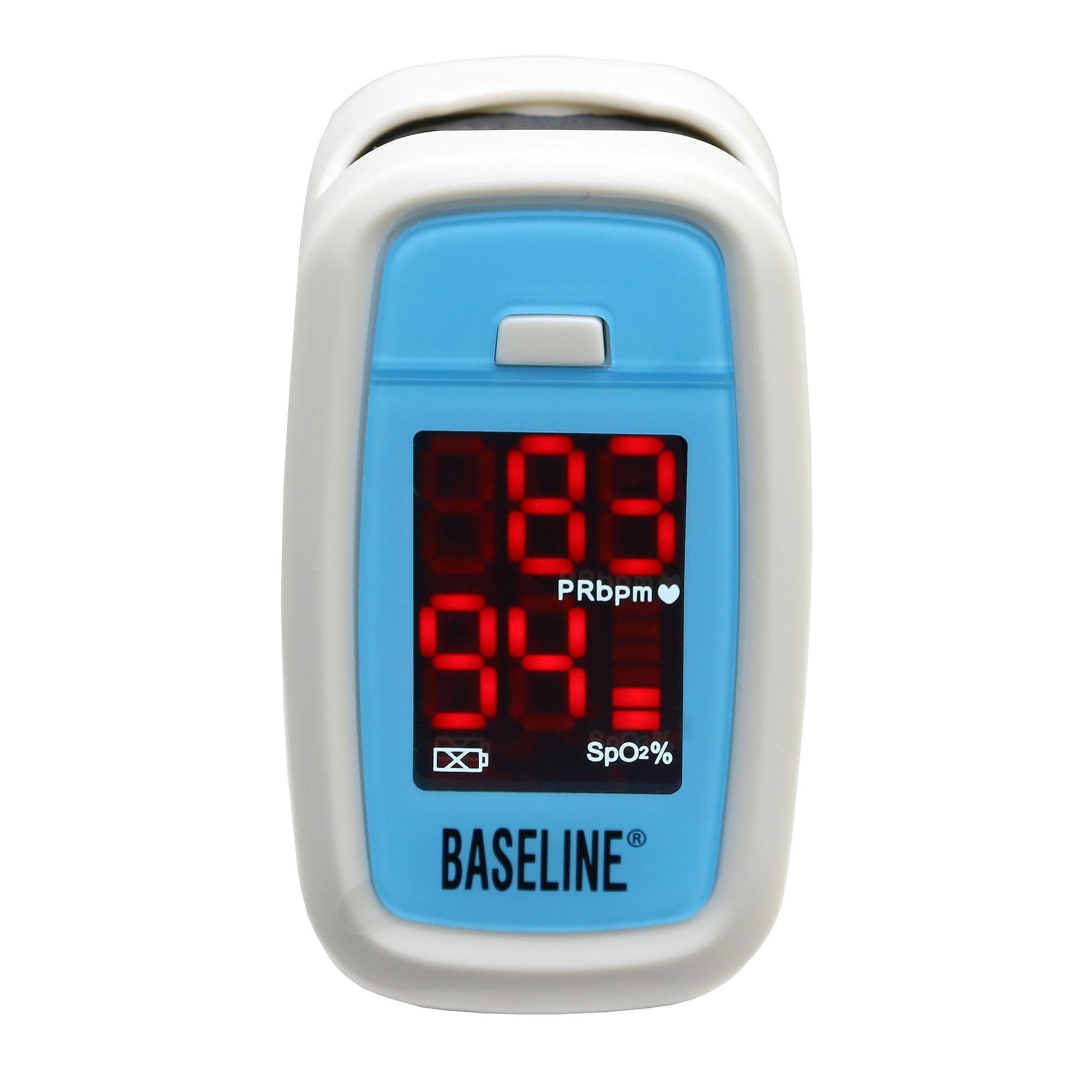 Fingertip pulse oximeter front view with red PRbpm and SpO2% numbers on display