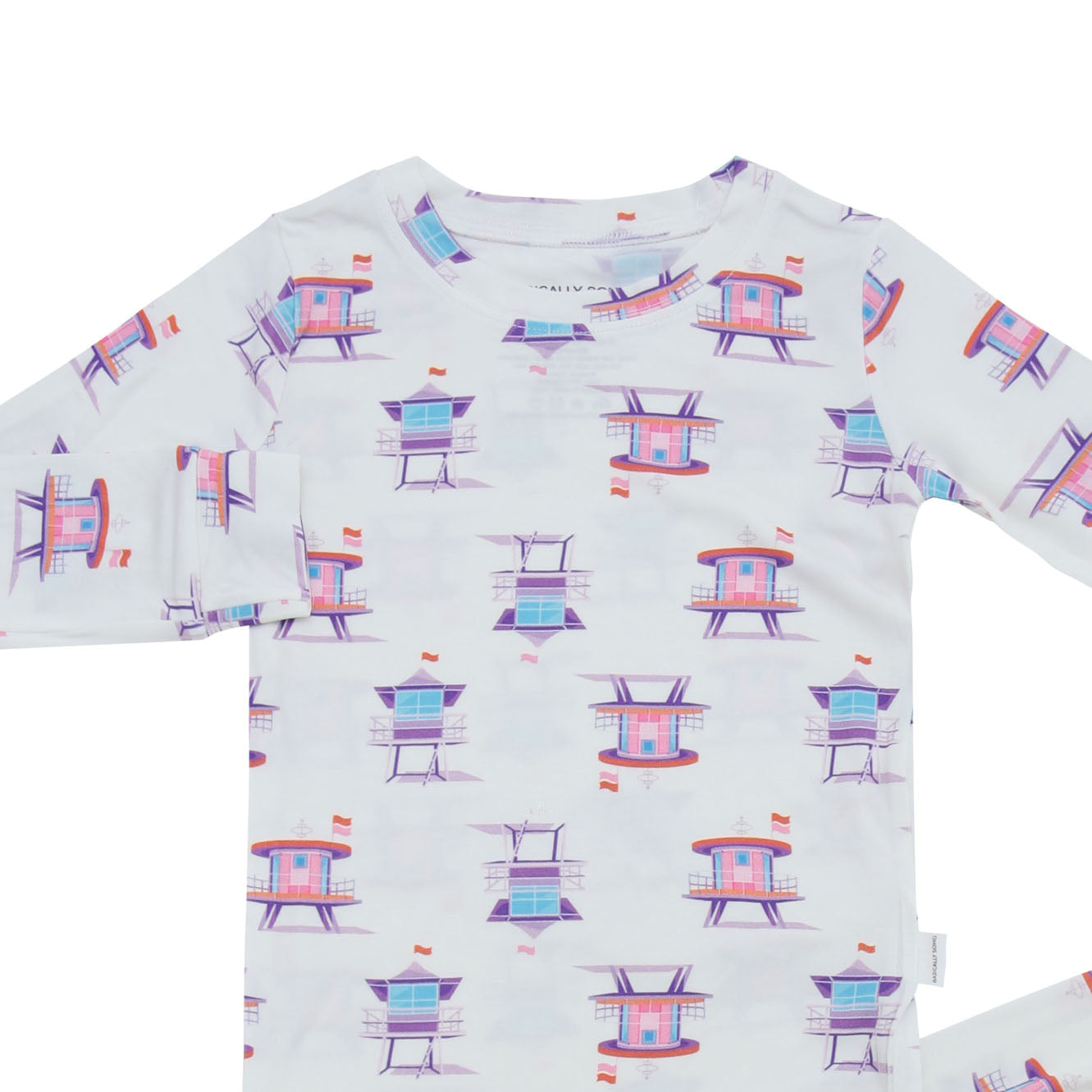 Kids long-sleeve shirt, white with colorful beach chair and flag print