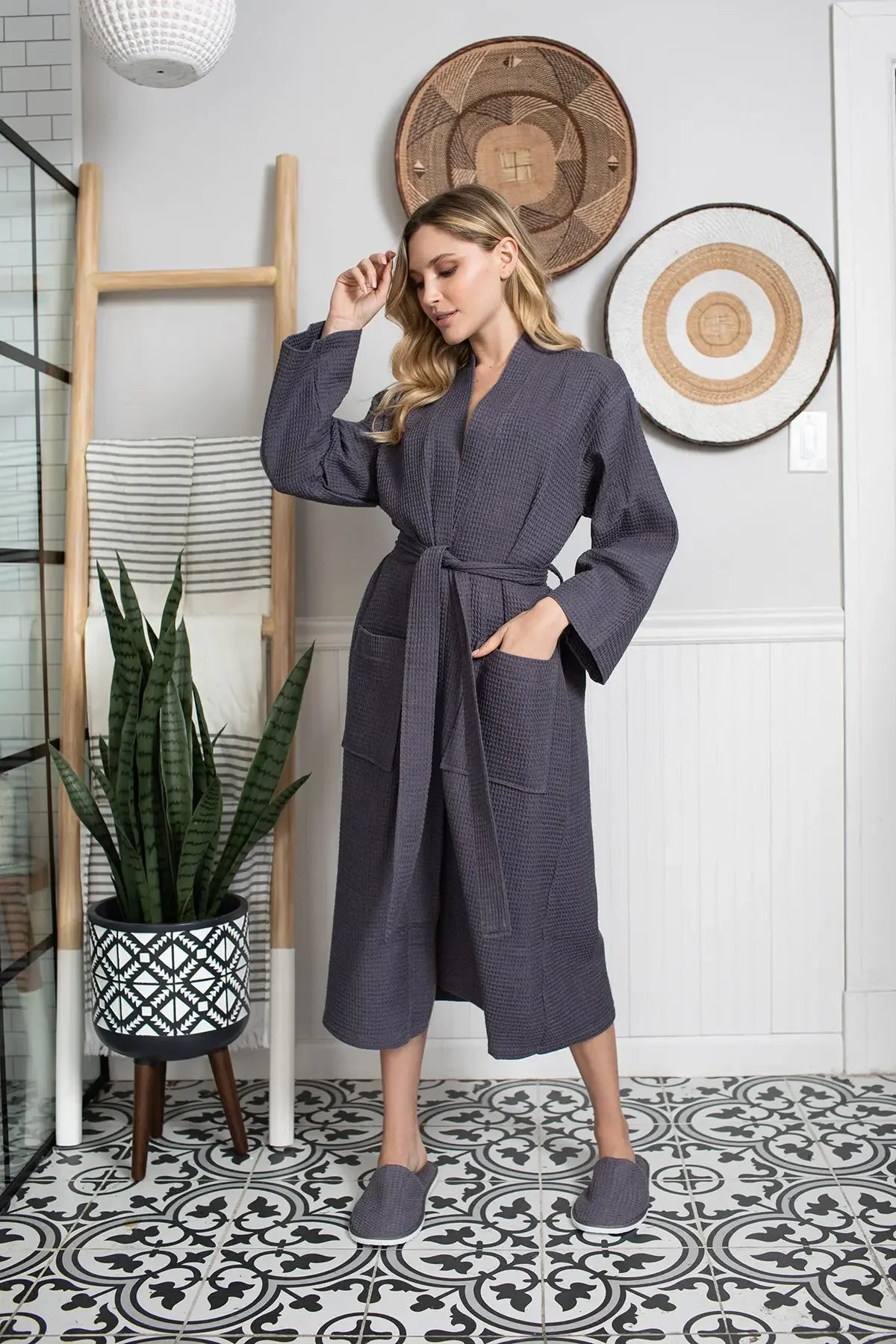 Womens waffle robe, dark charcoal, V-neck and waist tie with long sleeves.